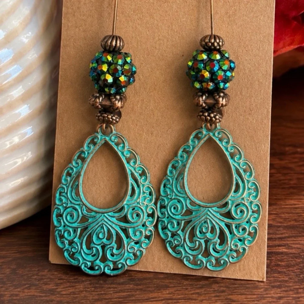 Artisan Patina Teardrop Earrings Vintage Crystal Beads Boho Western 3”